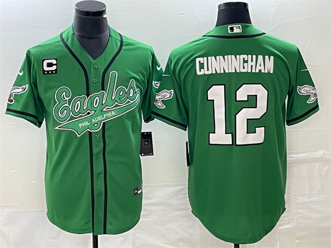 Men's Green Philadelphia Eagles #12 Randall Cunningham With C Patch Cool Base Stitched Baseball Jersey